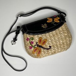 Brighton Leather Dragonfly Woven Straw Flap Crossbody Shoulder Bag